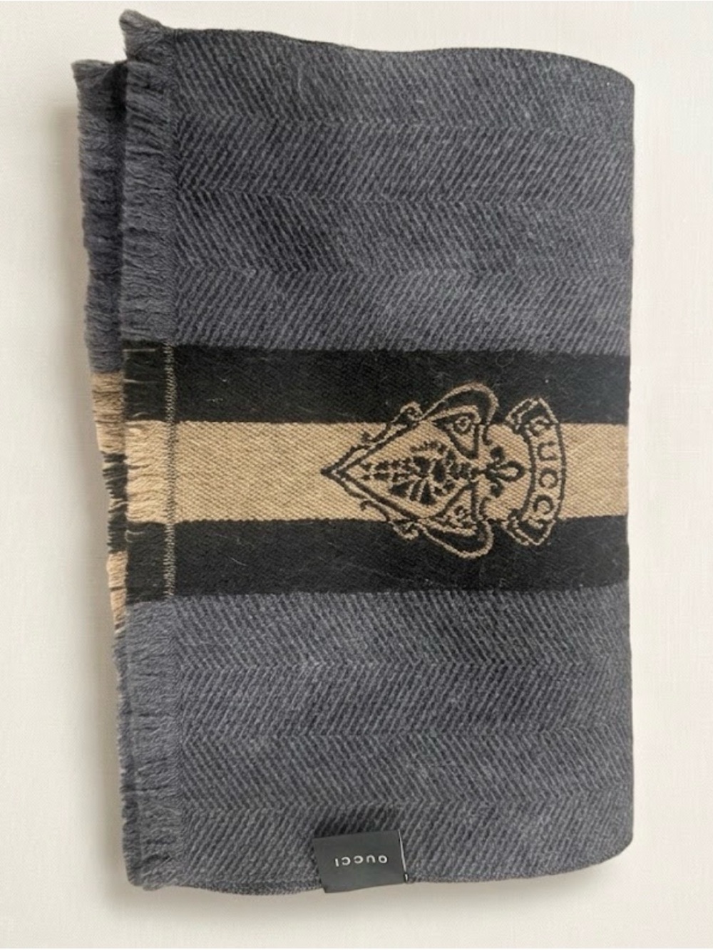 Gucci Gray & Black Herringbone Crest Scarf Wool Silk Blend Made in Italy